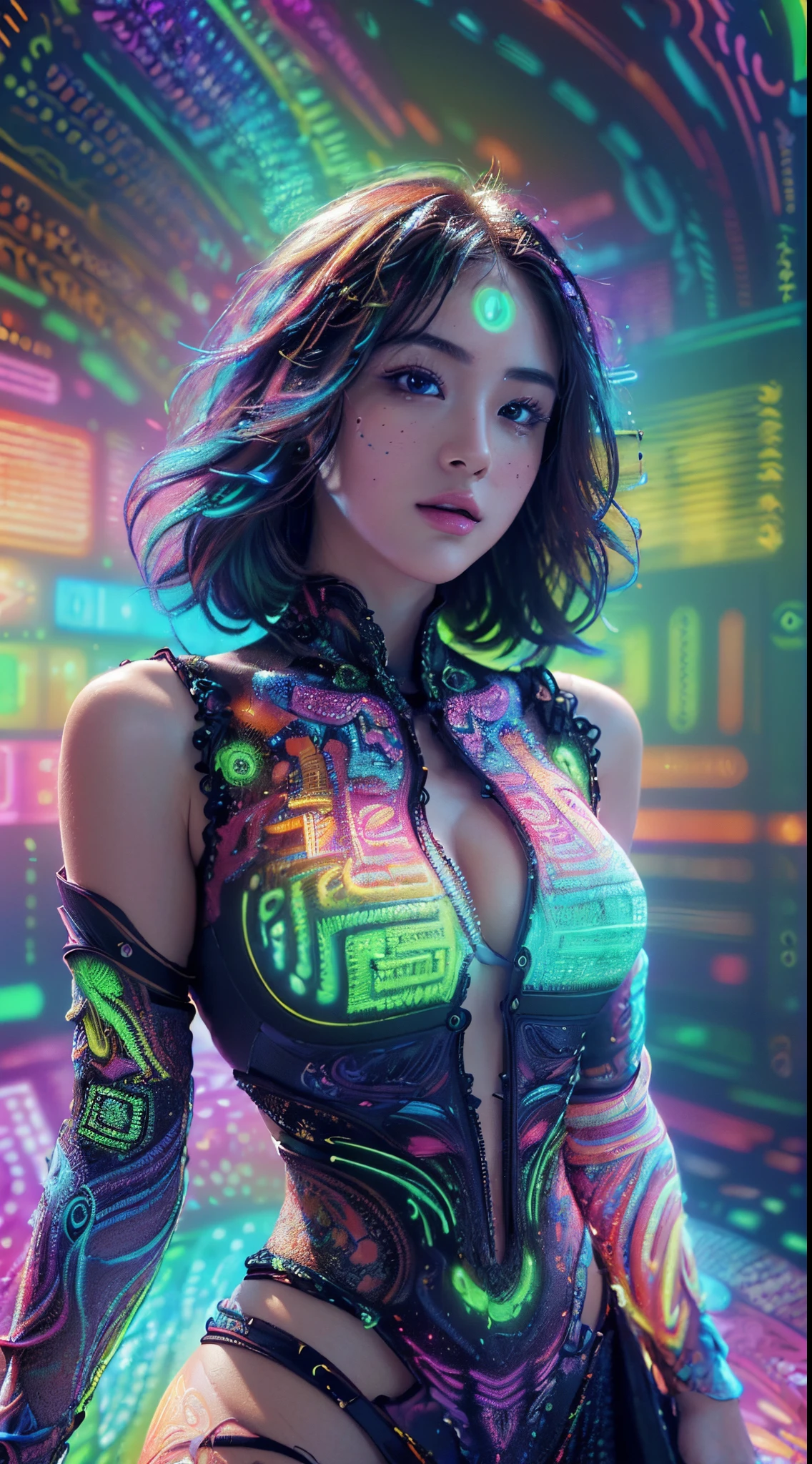 (masterpiece, top quality, best quality, official art, beautiful and aesthetic:1.2), (1girl:1.3), extremely detailed,(fractal art:1.2),colorful,highest detailed,( zentangle neon:1.2), (dynamic pose), (abstract background neon:1.5), (treditional dress:1.2), (shiny skin), (many colors:1.4), upper body ,Neon,16K,Full HD