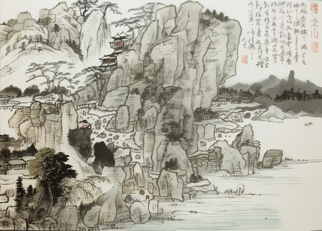 Mountain view with river and village, chinese brush pen illustration, z style art work.show on. to the, Pen illustration, Pen and ink illustration, full page illustration, Detailed view – width 672, The landscape, Chinese landscape, Inspired by::《Qiu Wentianjiang》