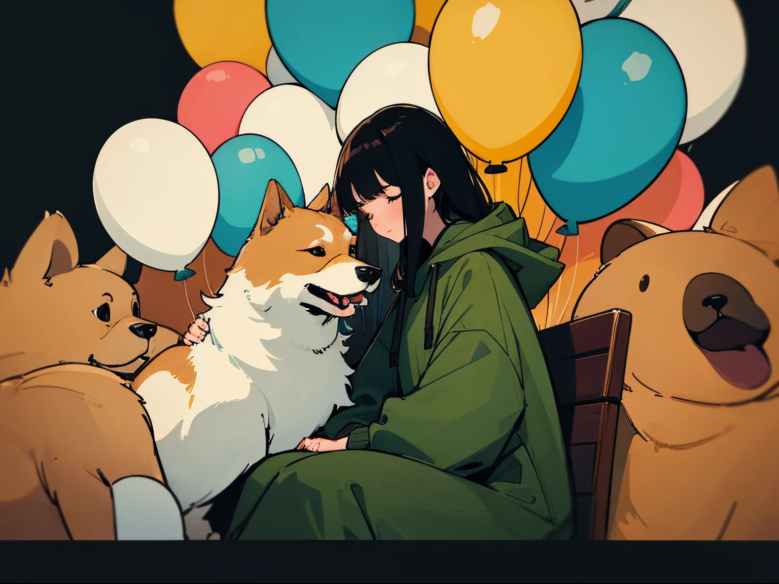 A 20-year-old black-haired woman petting a dog, Calm、Gentle light、black backgrounds、Coffee、head shot、Lo-Fi Illustration、Balloon ride、a relaxing sight、Woman in hoodie、looks sleepy、Green clothing、A big fluffy dog is sitting next to me.、Cute dog、golden coat dog、The perfect dog、