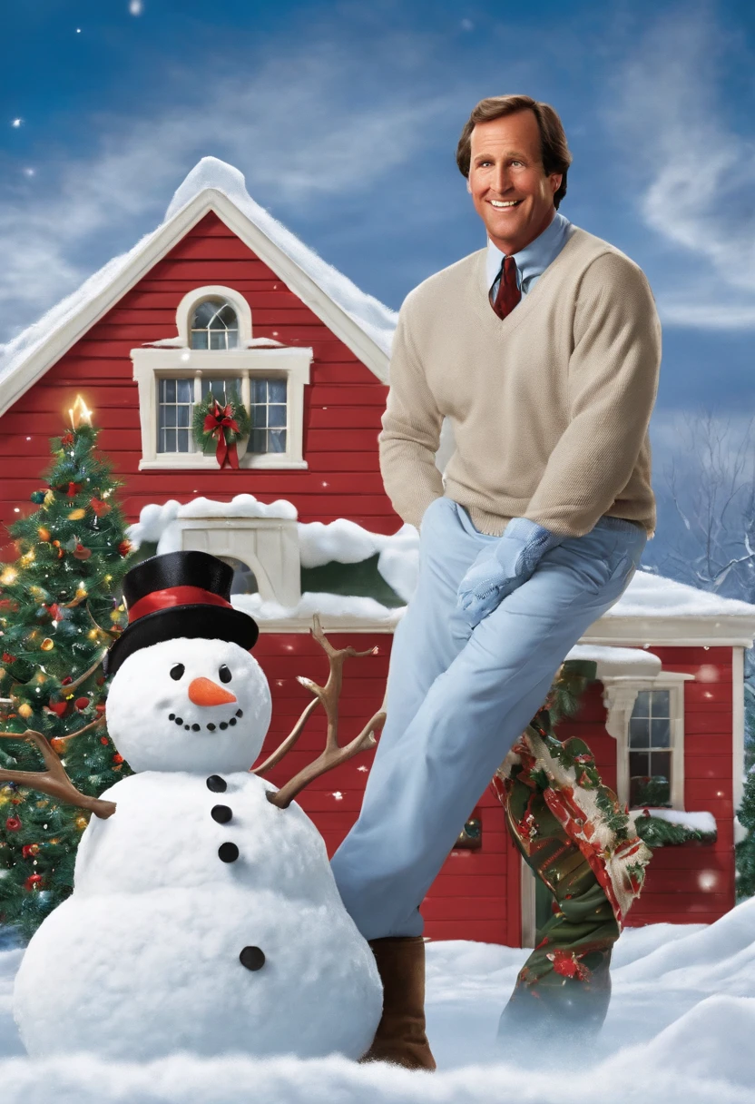 A Boomerang of Clark Griswold attempting to build a giant snowman, but comically slipping and falling in the snow,Christmas Vacation,Clark Griswold, as portrayed in “Christmas Vacation,” is the epitome of an enthusiastic and ever-hopeful family man, driven by a relentless desire to create the perfect holiday experience. His appearance is that of the quintessential suburban dad: often seen sporting a light sweater, casual slacks, and a slightly disheveled look, reflecting his well-intentioned, yet often chaotic attempts at holiday preparations., male