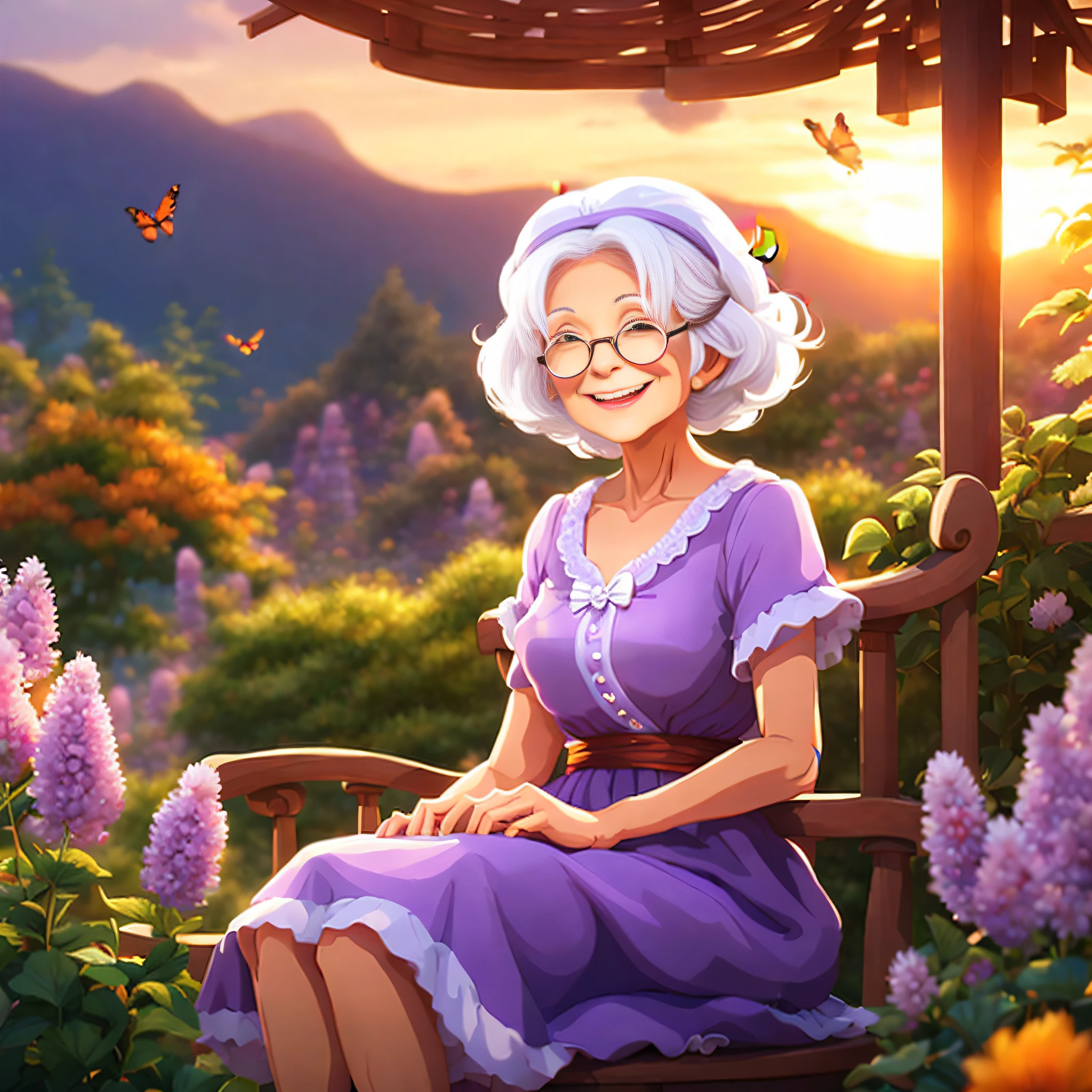 there is a woman sitting on a bench in a garden, Kushatkrenz Key Artistic Women, A beautiful artistic illustration, offcial art, inspired by senior environment artist, Inspired by veteran character artists, Belle peinture de personnage, a grandmother, old woman, background artwork, Official character illustrations, High-quality portraits, Detailed fanart, 3d rendering senior artist, Official character art