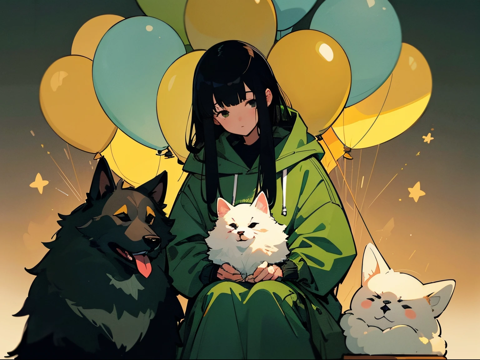 A 20-year-old black-haired woman petting a dog, Calm、Gentle light、black backgrounds、Coffee、head shot、Lo-Fi Illustration、Balloon ride、a relaxing sight、Woman in hoodie、looks sleepy、Green clothing、A big fluffy dog is sitting next to me.、Cute dog、golden coat dog、The perfect dog、