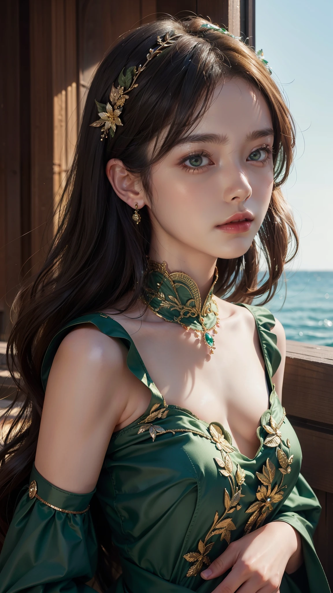4k ultra hd, masterpiece, a girl, good face, detailed eyes, very lng hair, detailed lips, very detailed dress, green dress, closed up, dim lighting, blowing wind,