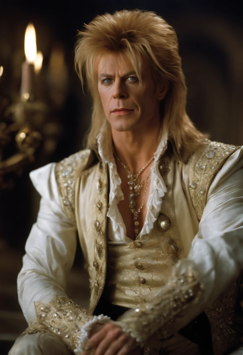 A photo of Jareth, the Goblin King, standing in the center of a grand hall, surrounded by swirling gusts of wind and mystical lights,Labyrinth,Jareth has long spiky blonde hair, purple eyeshadow with cat-eye eyeliner, wears a frilly shirt and tight pants, and a high open collar. Portrayed by David Bowie in the film "Labyrinth", male