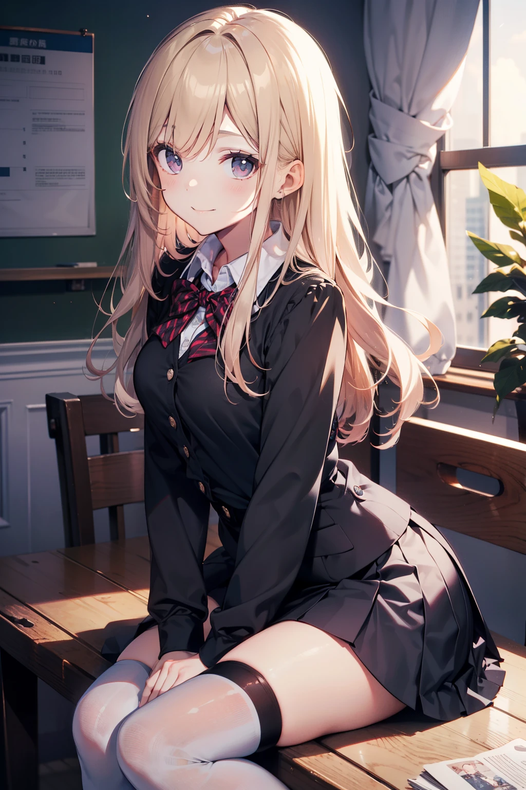 top-quality、Full limbs、complete fingers、Slender schoolgirl、ssmile、She is wearing a white long-sleeved blouse with open buttons。。Wear knee-high socks、darkened room、Lean forward and look at me、Put your hands on your buttocks、Raking up your hair