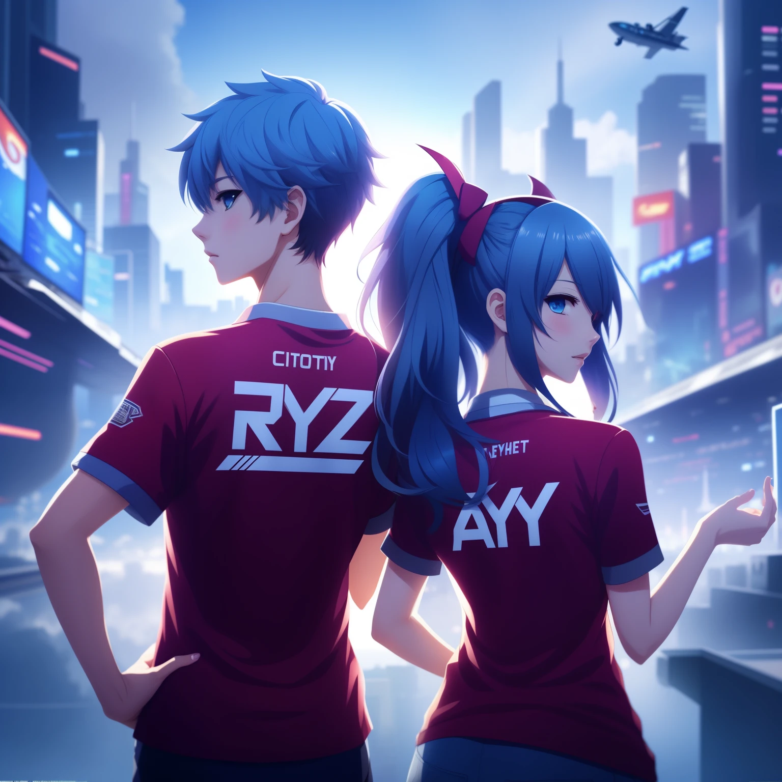 anime couple in a city with a plane flying overhead, jazza and rossdraws, 2 d anime style, ryuu, rossdraws and jazza, artgerm and genzoman, anime style 4 k, e-sport style, ross tran and bayard wu, range murata and artgerm, kda and sam yang,RYZ e-sports and AYY e-sport