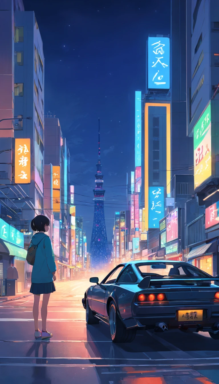 Japan Tokyo，the night，racing car，Black high-tech sports car front，A man and a woman stand close to each other，a high-tech city，Buildings，neon，