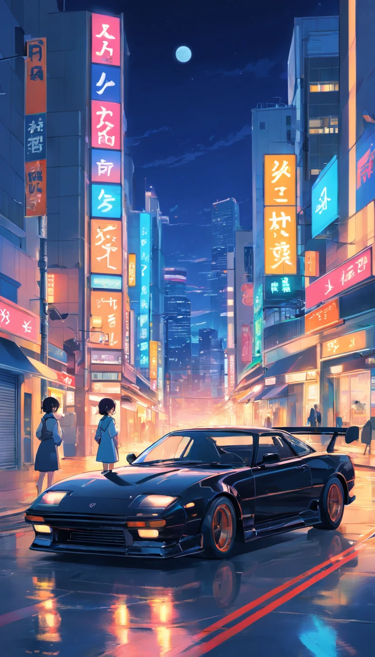 Japan Tokyo，the night，racing car，Black high-tech sports car front，A man and a woman stand close to each other，a high-tech city，Buildings，neon，