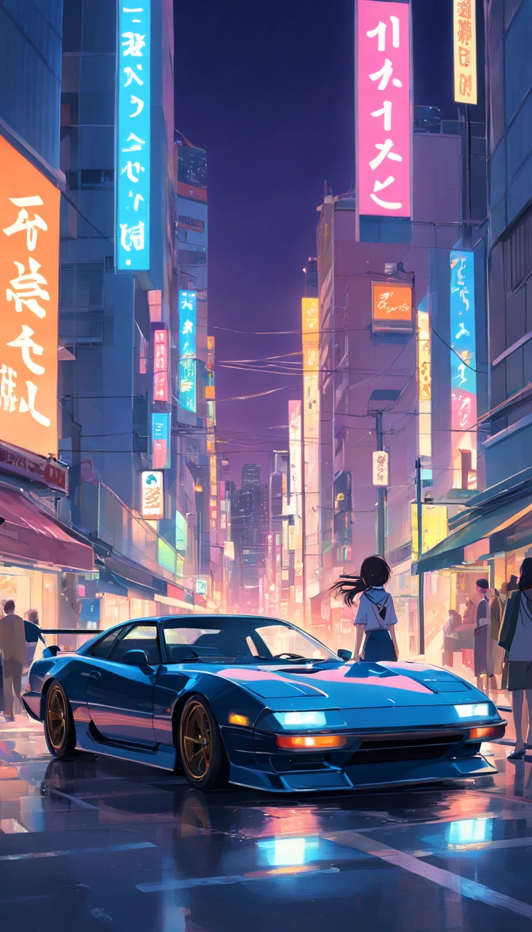 Japan Tokyo,the night,racing car,Black high-tech sports car front,A man and a woman stand close to each other,a high-tech city,Buildings,neon,