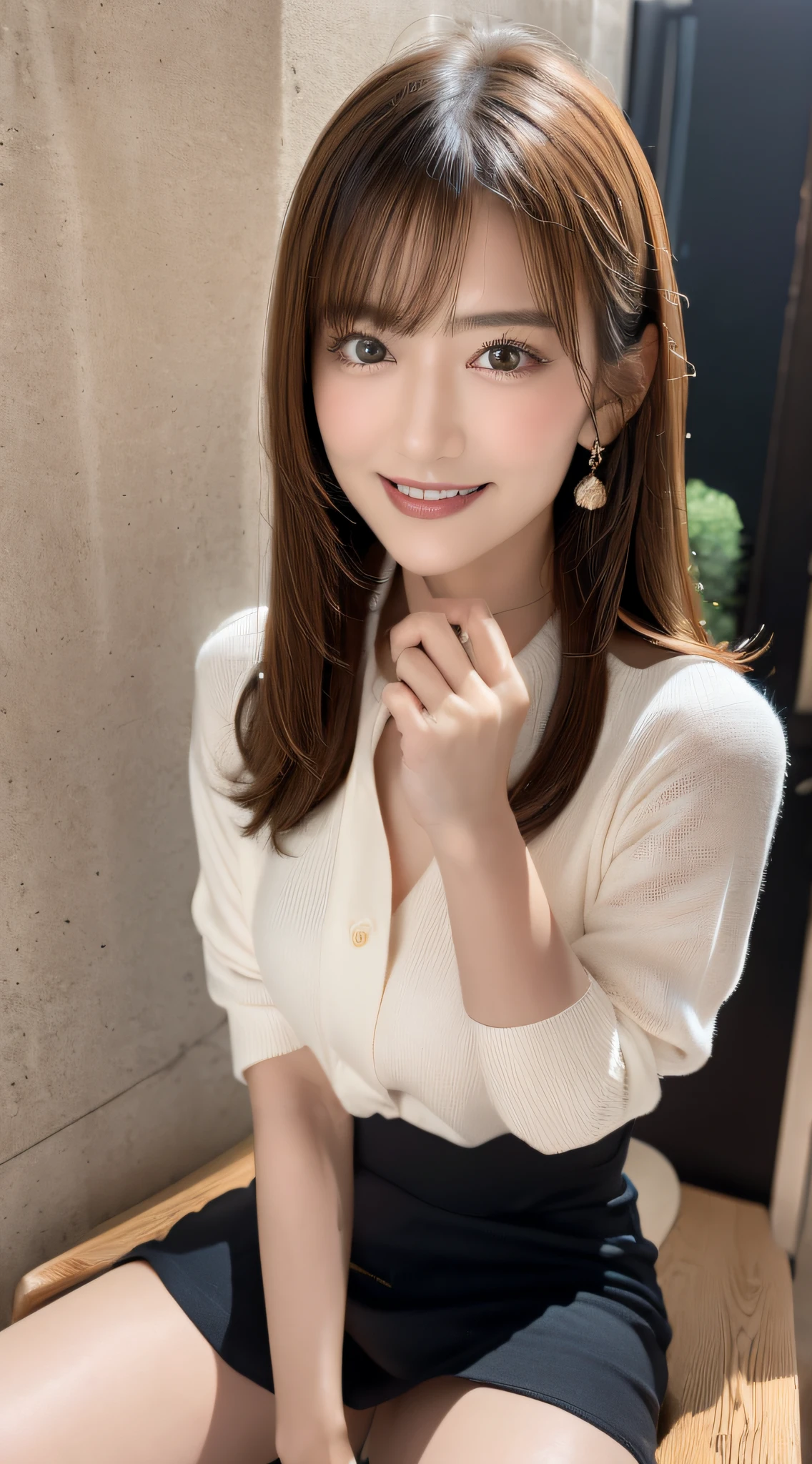 (Best Quality, masutepiece, Ultra HD: 1.3, High brightness, High color saturation), 1girl in, (middlebreasts), light brown hair, Asymmetrical hair, straight haired, Long hair, ( slender body shape, Constricted waist), (Ultra Fine Face), Delicate lips, (beautidful eyes), thin blush, eyes are brown, perfect glossy skin, View here, Smiling smile, ( hide one's hands), (Sitting on a bench), (thin and long legs, Thighs and toes:1.5), See-through white blouse, (Black enamel mini skirt*1.5), (Black stockings), (a japanese girl, hposing Gravure Idol), Broad-leaved forest, 135 mm, Fuji Film