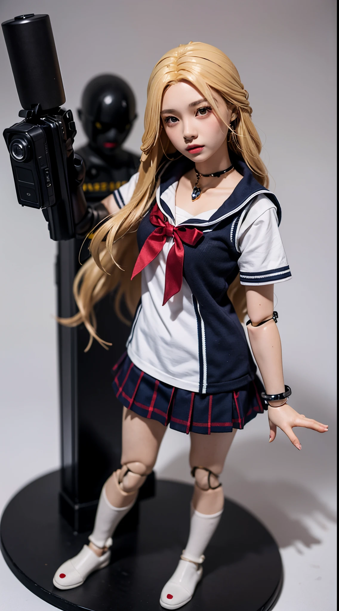 An anime doll, (action figure:1.2), (1girl),stands on a pedestal, young girl, red eyes, blonde long hair, detailed face, wearing a school uniform, chockers, piercing, jewellery, , against a clean white background, illuminated by artificial light, front view camera shot, wide shot