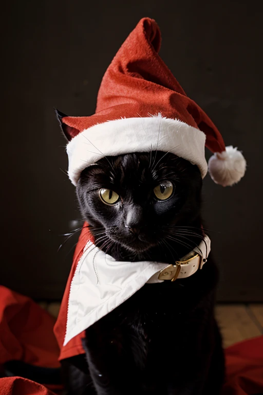 full black cat wearing santa hat