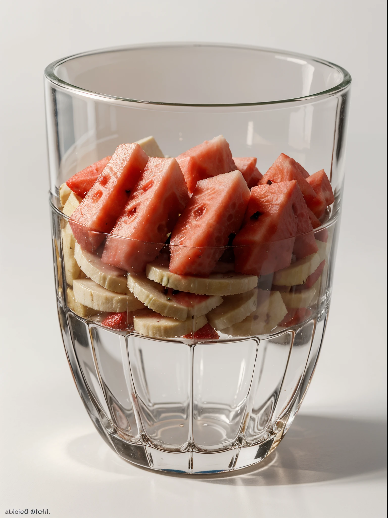 (Best quality,8K,Masterpiece:1.3), NOhumans, Clear glass, There are a lot of watermelon slices, banana slices and strawberries in it, blend, detalhe poderoso, intense detail, on the white background, Clear detail, professional,(Hyper-realistic:1.3)