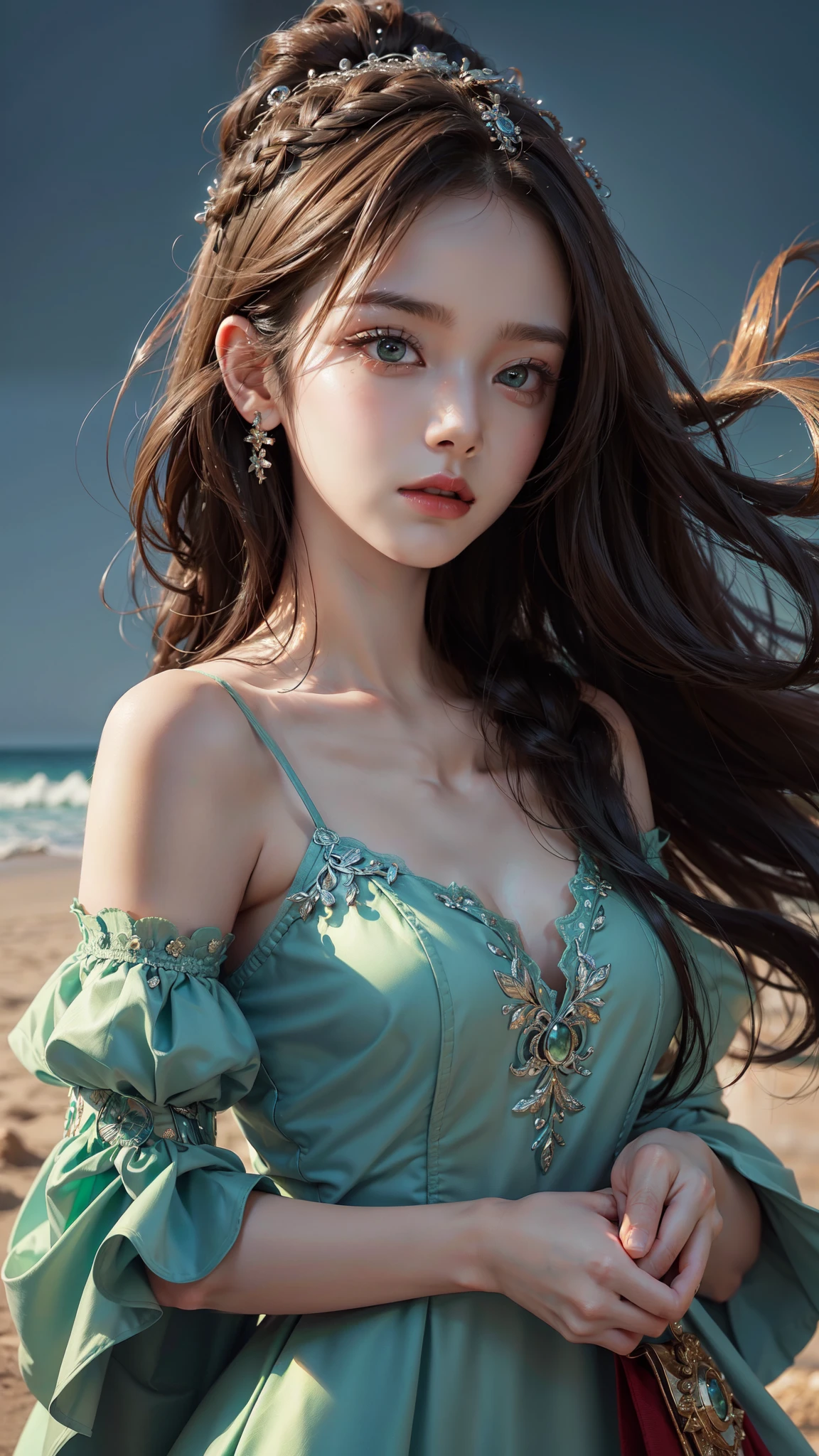 4k ultra hd, masterpiece, a girl, good face, detailed eyes, very lng hair, detailed lips, very detailed dress, green dress, closed up, dim lighting, blowing wind,