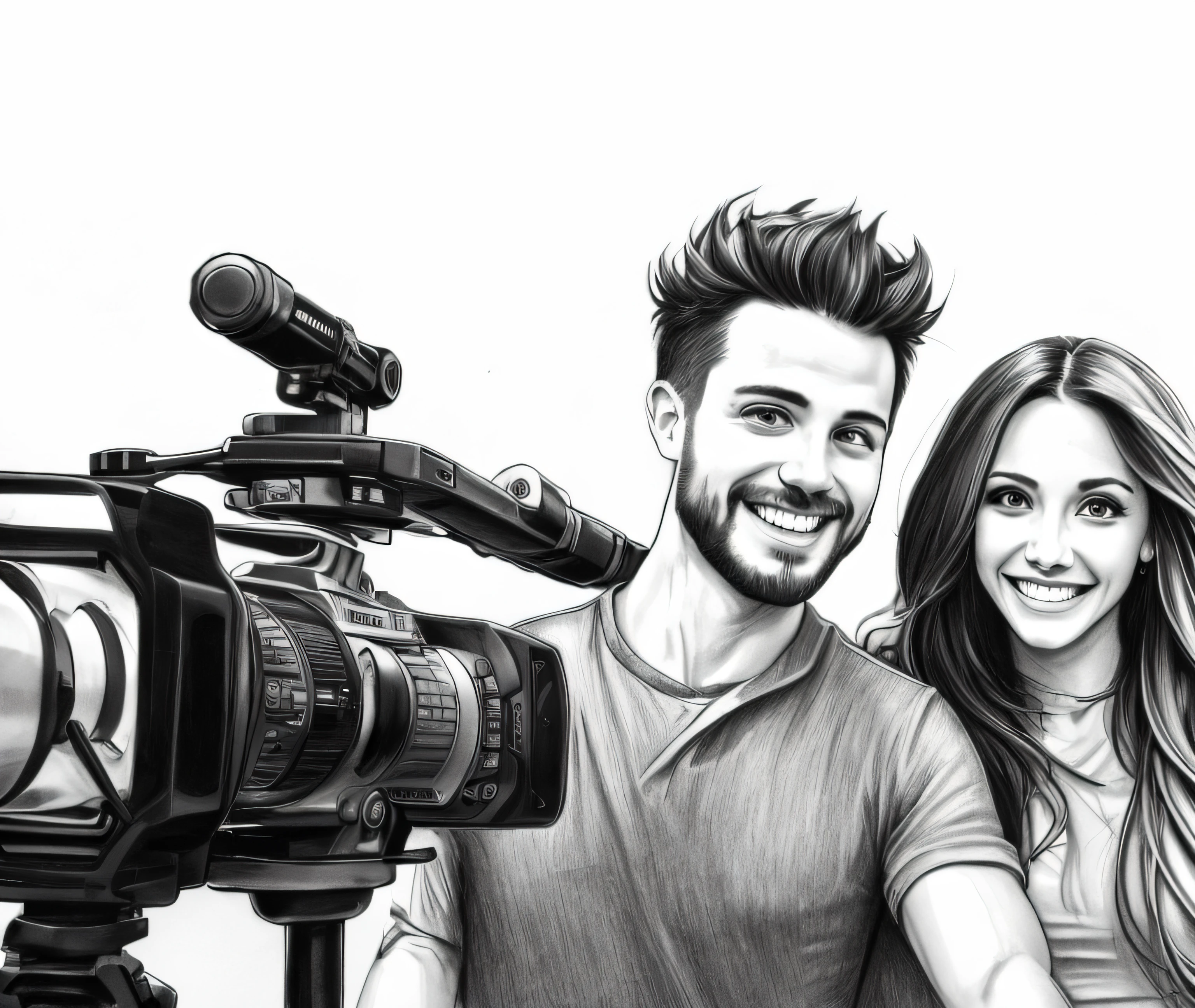 a drawing of man and woman, (no cuddling), (side by side), fan art, digital pencil painting, high quality portrait, high quality sketch art, comic drawing style, sketch style, high quality sketch, hyper realistic sketch, promotional art, amazing art, awesome, official fan art, commission, commission art, epic pencil illustration, very happy smile, you can see both teeth, eyes on the camera, streaming, recording, smiling, look happy, excited, crowd in the back