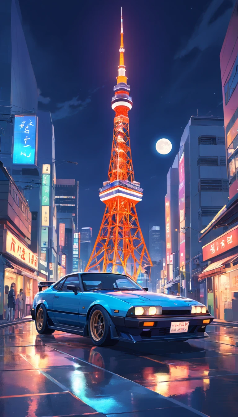 Japan Tokyo,Tokyo Tower,Full moon,the night,racing car,Black high-tech sports car front,a high-tech city,Buildings,neon,