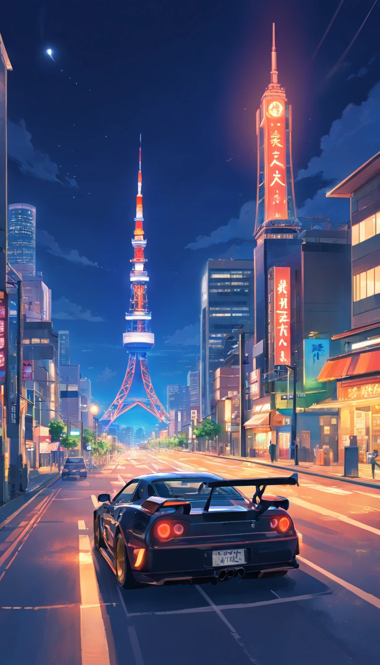 Japan Tokyo,Tokyo Tower,Full moon,the night,racing car,Black high-tech sports car front,a high-tech city,Buildings,neon,