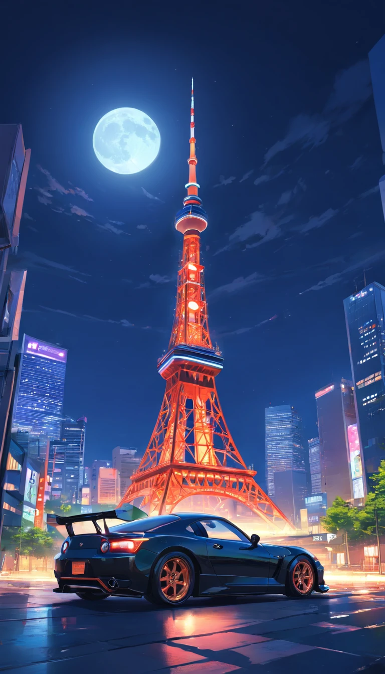 Japan Tokyo,Tokyo Tower,Full moon,the night,racing car,Black high-tech sports car front,a high-tech city,Buildings,neon,