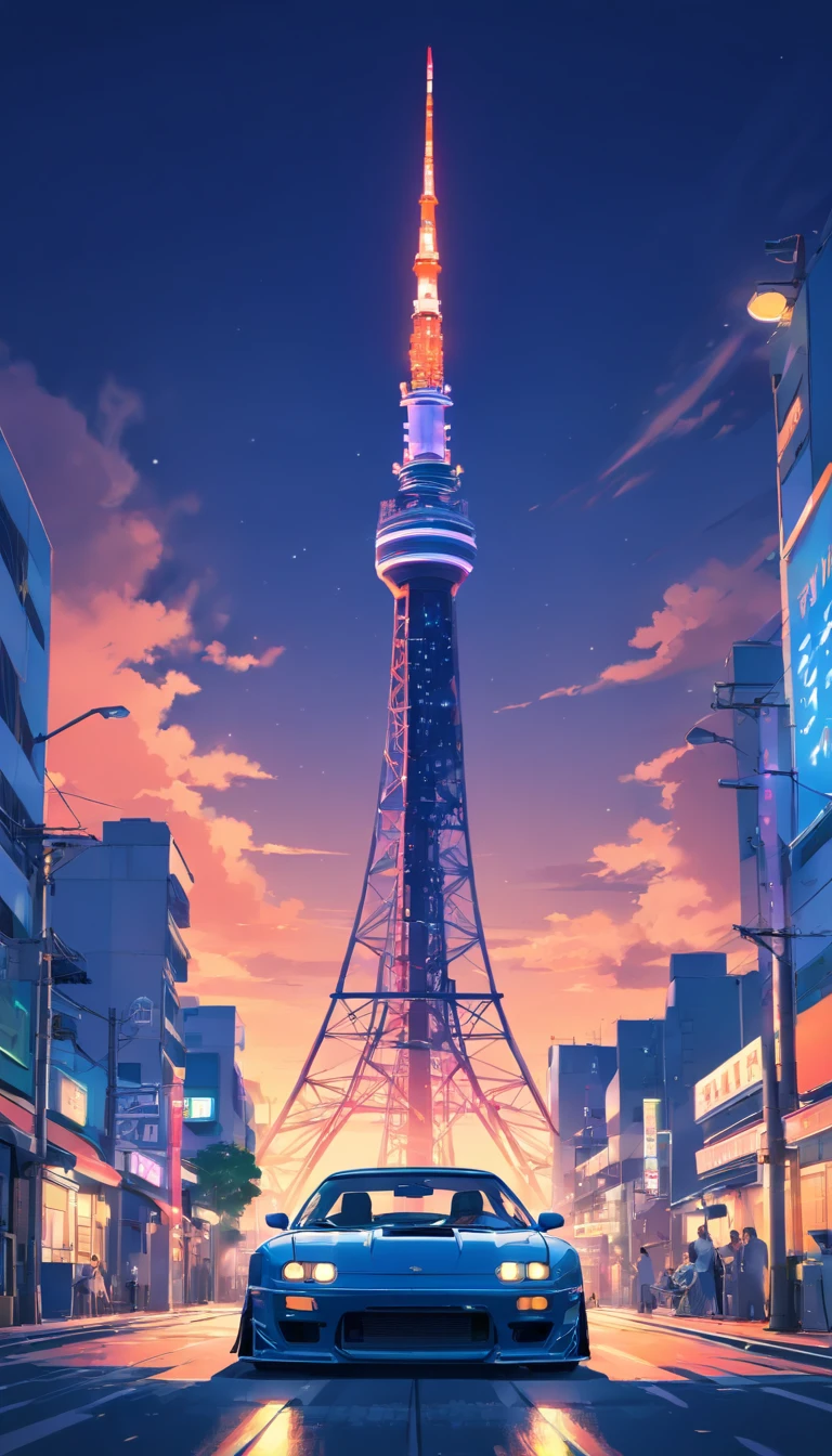 Japan Tokyo，Tokyo Tower，Full moon，the night，racing car，Black high-tech sports car front，a high-tech city，Buildings，neon，