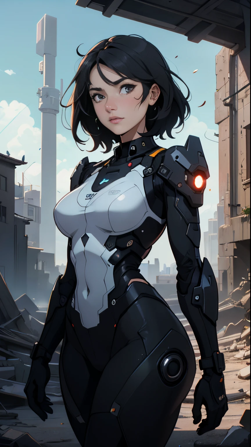 ((Melhor Qualidade)), ((Obra-prima)), (Muito Detalhado:1.3), ((Bela sfw mulher negra)) cyberpunk with his drone in the ruins of a city in the forgotten war, Tecnologia antiga, HDR (High Dynamic Range), ray tracing, Super Resolution, unreal 5, espalhamento subsuperficial, Post-processing, profundidade de campo, Maximum Sharpness and Sharpness, textura multicamadas, albedo e mapas de destaque,  surface shading, Precise simulation of light-material interactions, perfectly proportions, octane rendering, Duotone Lighting, ISO baixo, white-balance, rule of thirds, ampla abertura, 8K RAW, high-efficiency sub-pixels, Subpixel convolution, glow particles, espalhamento de luz, efeito tyndall (corpo inteiro), (a delicate facial features), (face perfeita), Dynamic angles.