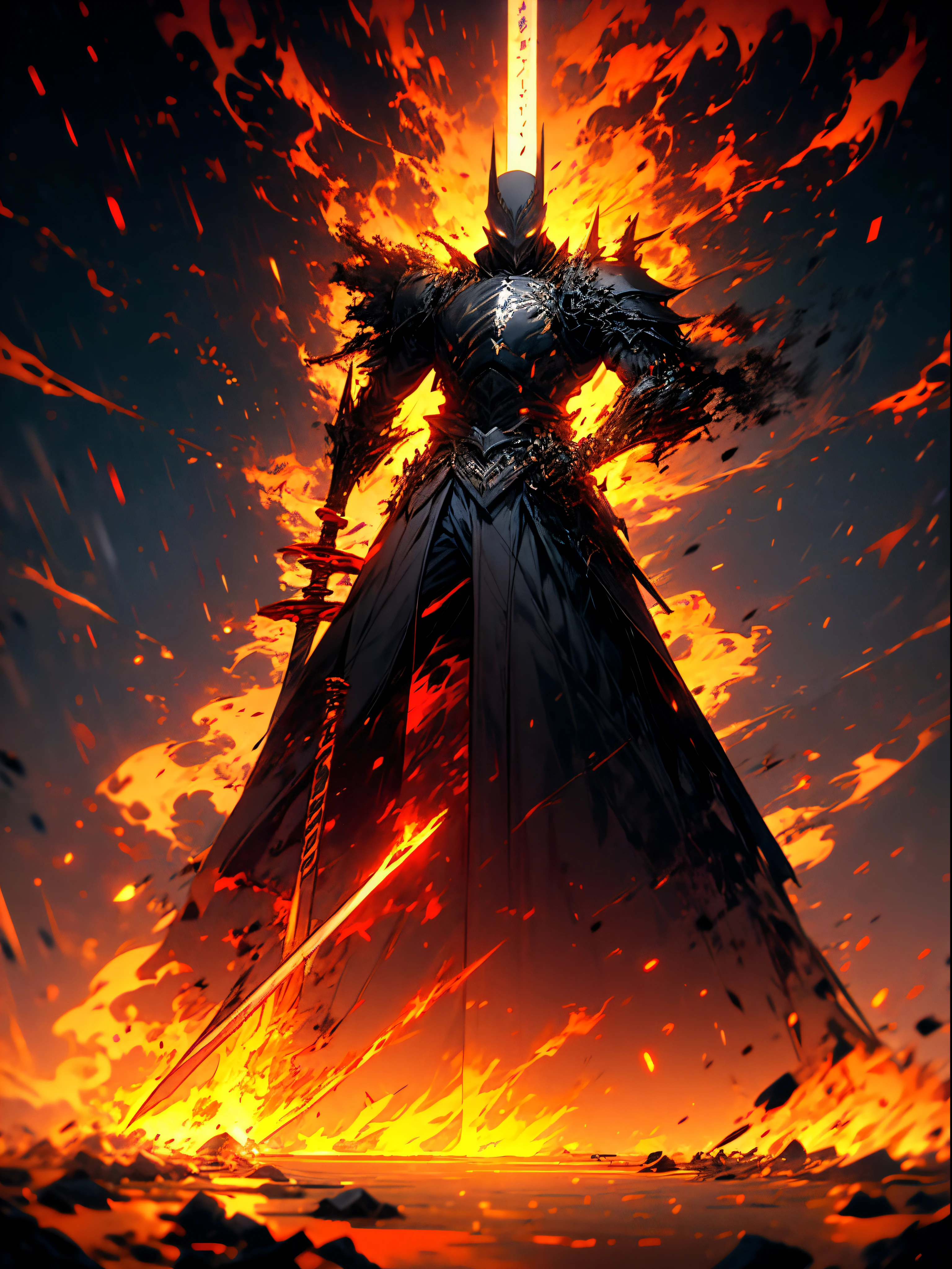 anime character with sword standing in front of a building, fallen knight, from arknights, gothic knight, evil knight, the style of wlop, fantasy knight, knight, royal emperor, dark souls knight, off-white plated armor, wearing heavy armor with cape, black heavy armor with gold trim, smooth anime cg art, artorias, glowing sword