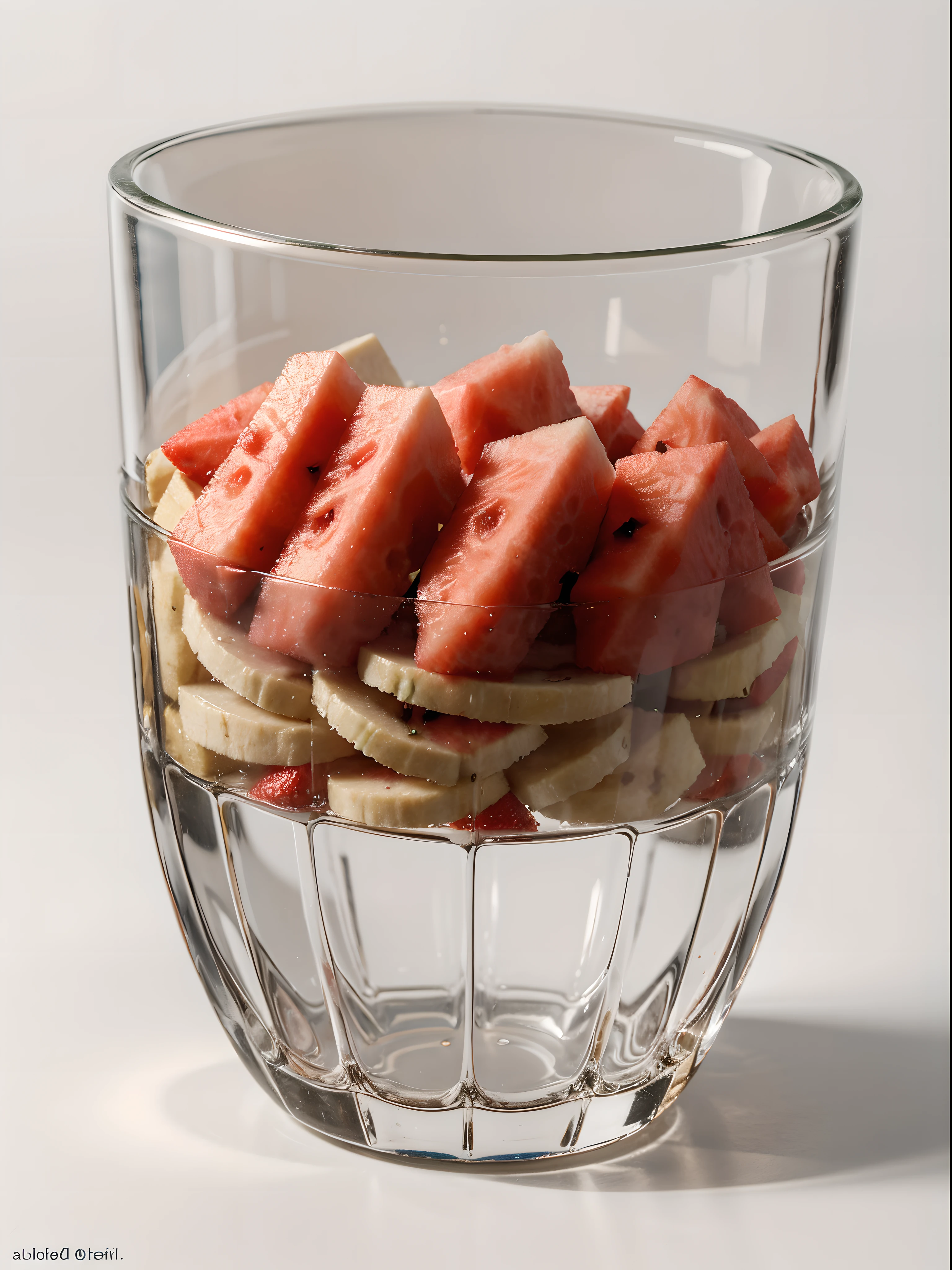 （Best quality at best，8K，tmasterpiece：1.3）, without humans, Clear glass, There are many watermelon slices, There are banana slices and strawberries inside, blend, de tarhepodroso, intense detail, on the white background, Clear detail, professional,（hyper realisitc：1.3）