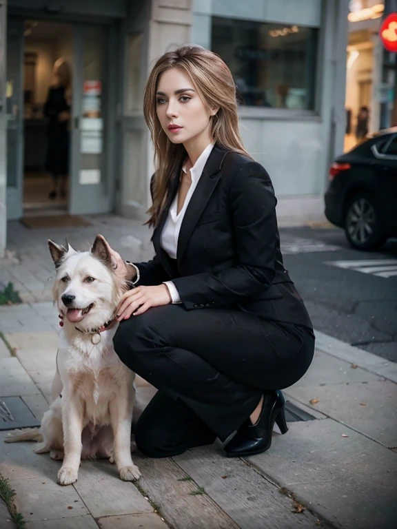 An alafi woman in a black suit kneeling on the sidewalk with a dog, , profile photo, instagram model, nicole aniston, 4k post, 4k post, perfect girl with white hair, 2 4 years old female model, sexy girl with short blonde hair, Blonde goddess