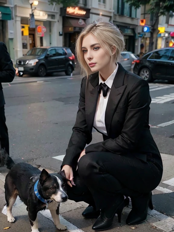 An alafi woman in a black suit kneeling on the sidewalk with a dog, , profile photo, instagram model, nicole aniston, 4k post, 4k post, perfect girl with white hair, 2 female model, sexy girl with short blonde hair, Blonde goddess