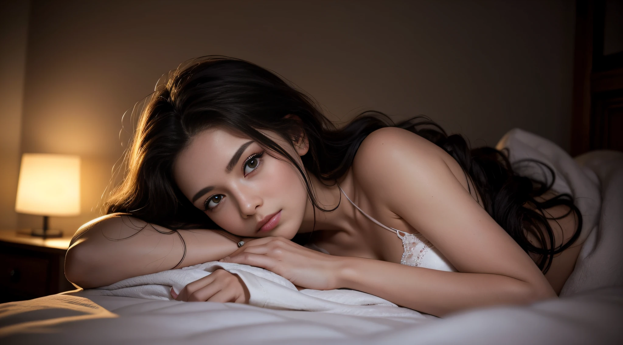 Stunningly beautiful 25-year-old British woman wakes up from sleep, she lies back on the bed, and her body is partially covered with blankets. Her shoulder-length hair falls in loose black waves around her face..... With her eyes already open, she looks into the dimly lit bedroom, creating a charming atmosphere at night. This realistic photograph captures the essence of a young woman.'has refined features and evokes a feeling of intimacy... Exceptional Image Quality, allowing every detail to shine through, from her flawless complexion to her delicate strands of hair, framing her face.