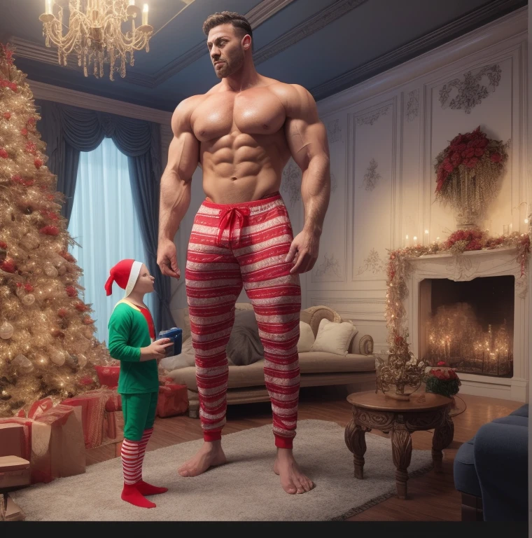 arafed man in red and white pajamas standing next to a very short pale man, large muscles, exaggerated muscle physique, tall and muscular, huge muscles bodybuilder toddler, super realistic photo, big muscles, very beautiful. big muscles, huge glistening muscles, mr universe, massive muscles, muscular character, exaggerated physique, bodybuilder, very hyper realistic, muscular characters