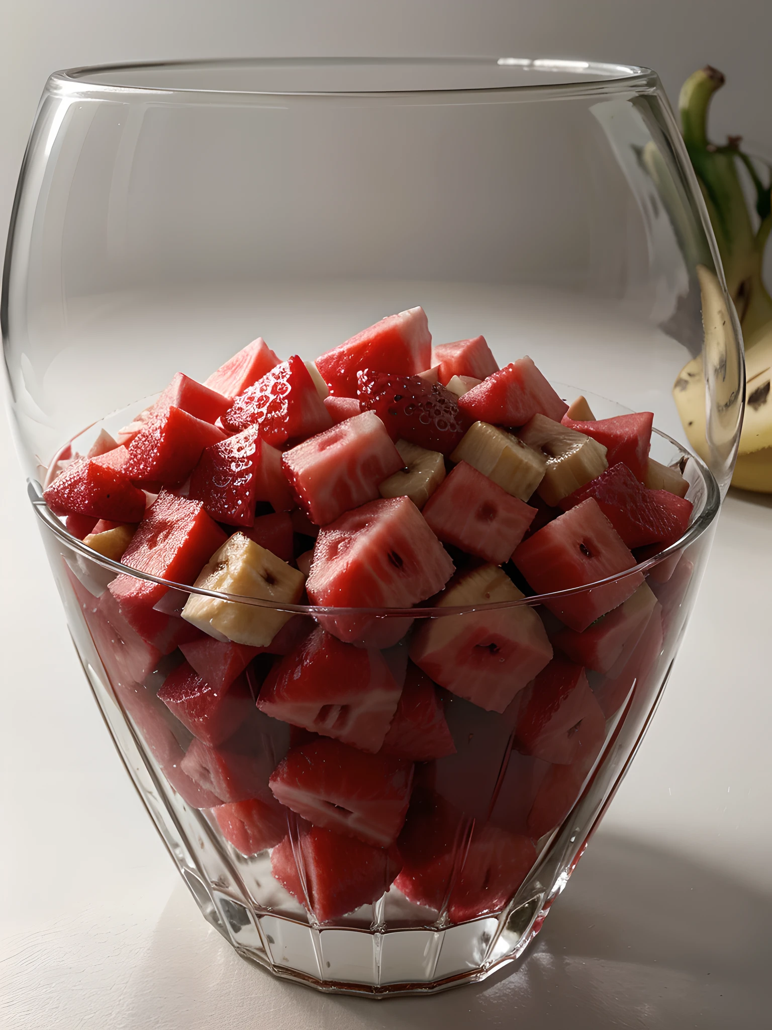 (Best quality at best,8K,tmasterpiece:1.3), without humans, Clear glass, There are many watermelon slices, There are banana slices and strawberries inside, blend, de tarhepodroso, intense detail, on the white background, Clear detail, professional,(hyper realisitc:1.3)