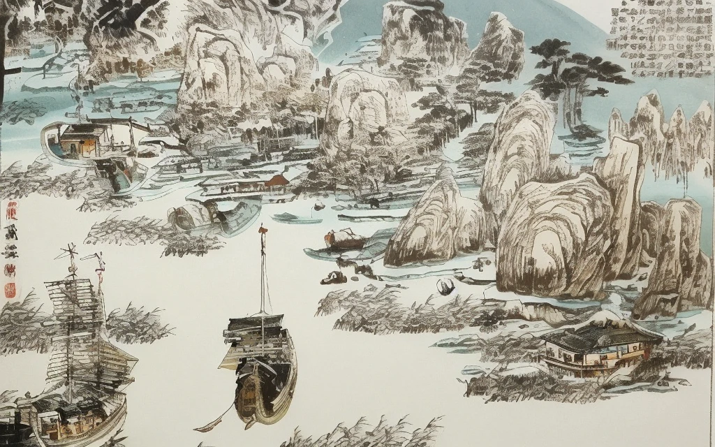 Mountain view with river and village, chinese brush pen illustration, z style art work.show on. to the, Pen illustration, Pen and ink illustration, full page illustration, Detailed view – width 672, The landscape, Chinese landscape, Inspired by::《Qiu Wentianjiang》