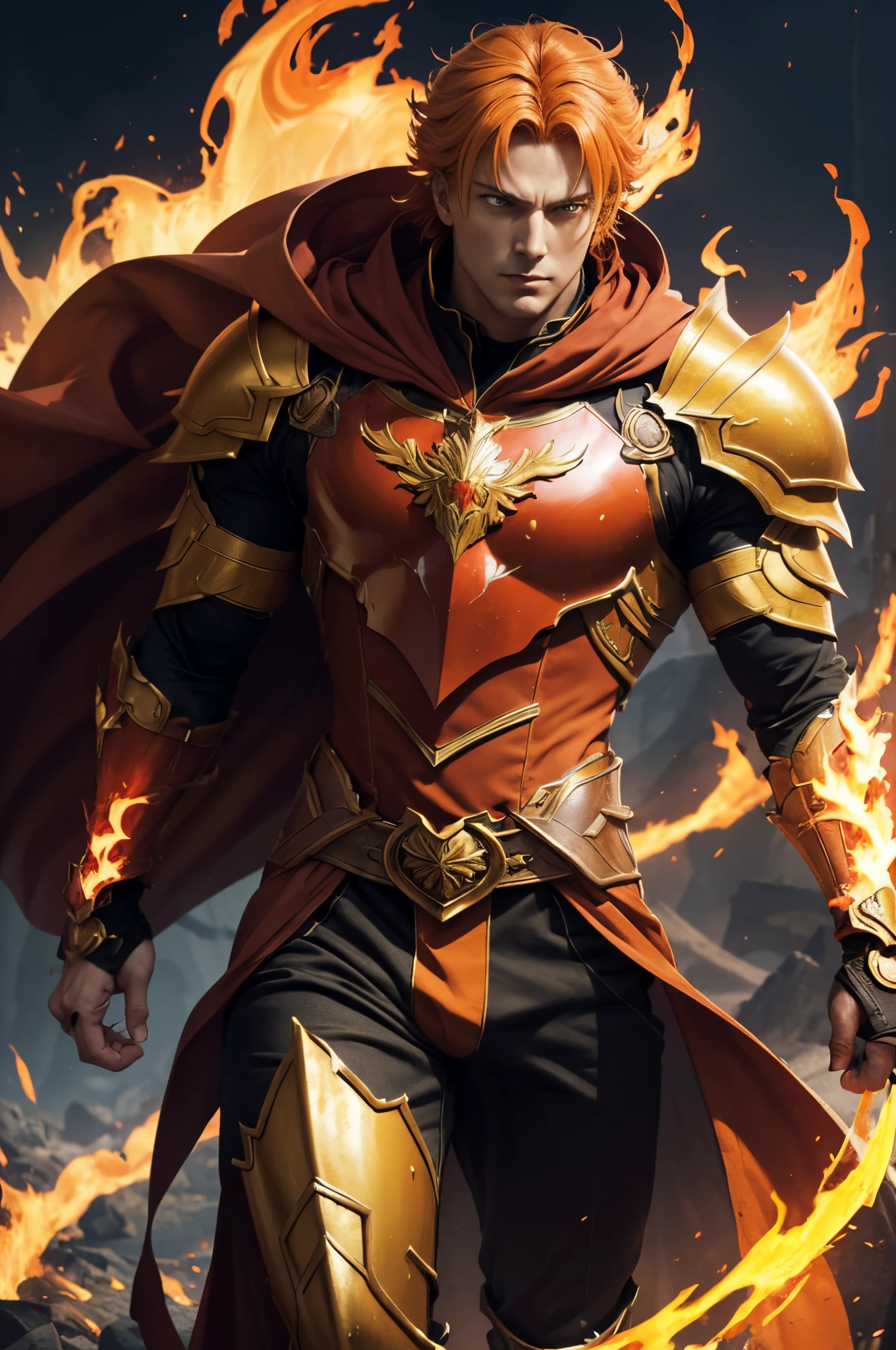8K,flame-shaped chest armor(Precise flame-shaped decoration)Luxurious red, orange, and yellow chest armor(3 colour)Precisely crafted details in the shape of a flame,A hyper-realistic,超A high resolution,