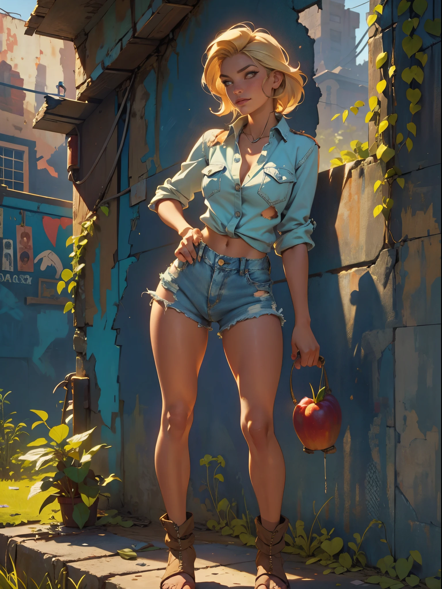 2076 year. The Urban Ruins of the Wasteland, Female huntress picking fruit in the garden, beautiful face, blonde, badly torn shirt and denim shorts , long legs, sweating through, sun rising, Nice warm colors, head to toe, full body shot, pretty hands, perfect fingers,