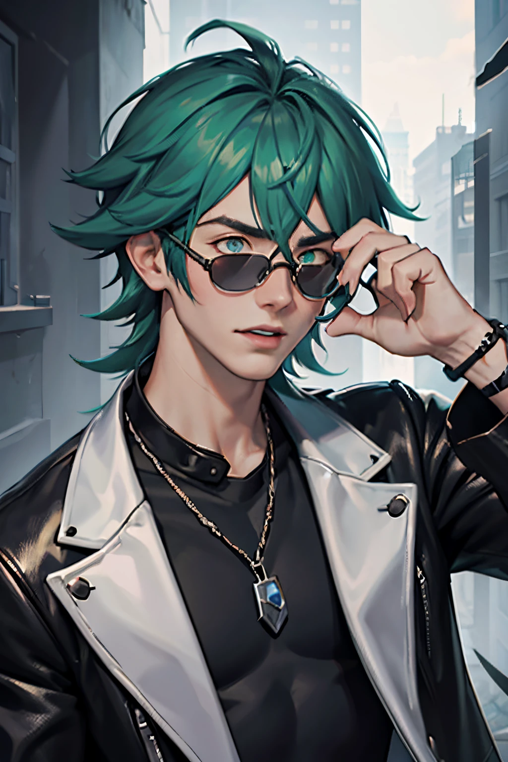 Ezreal_Heartsteel, , scared, humming, small musical notes flying, black jacket, black clothes with silver accessories,1boy, hair between eyes, black shirt, male focus, green hair, sun glasses on forehead, walking in an abandoned building, only top part of image, close up