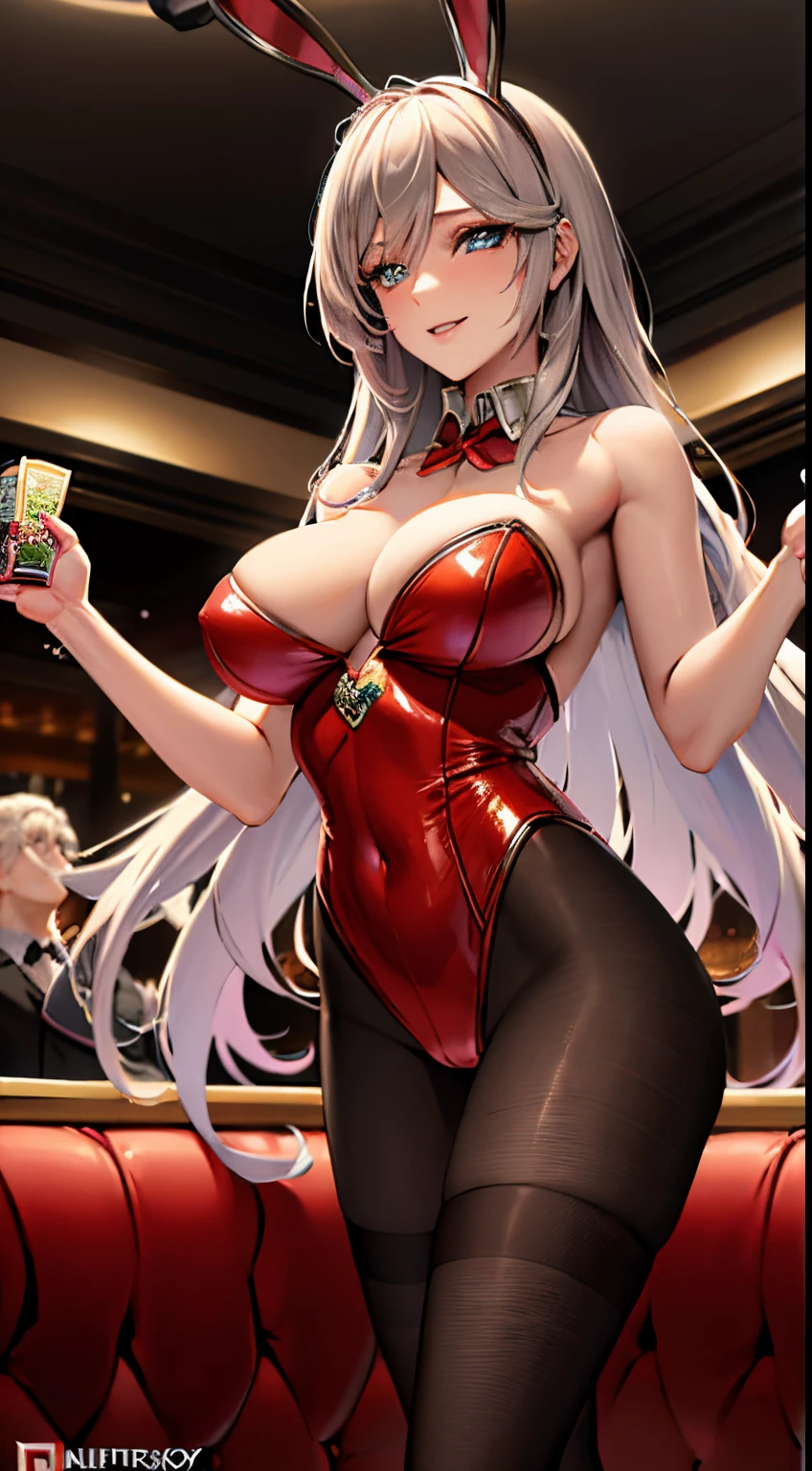 (best quality,4k,8k,highres,masterpiece:1.2),ultra-detailed,A girl smiling,red bunny suit,casino,body stocking, beautiful detailed eyes,beautiful detailed lips,extremely detailed eyes and face, long eyelashes,portrait,card game,playful atmosphere,colorful lights,vivid colors,soft lighting,stylish background décor,lucky charm,shimmering cards,card skills,dice,roulette wheel,confident posture,excitement,adrenaline rush,captivating smile,joyful expression,intense gaze,bunny ears headband,dapper outfit,professional dealer,winning streak,high stakes,overflowing chips,wealth,success,classic casino atmosphere,exquisite details,amazing casino interior,expensive surroundings,exclusivity,exhilarating ambiance,thrilling experience,luxurious furniture.