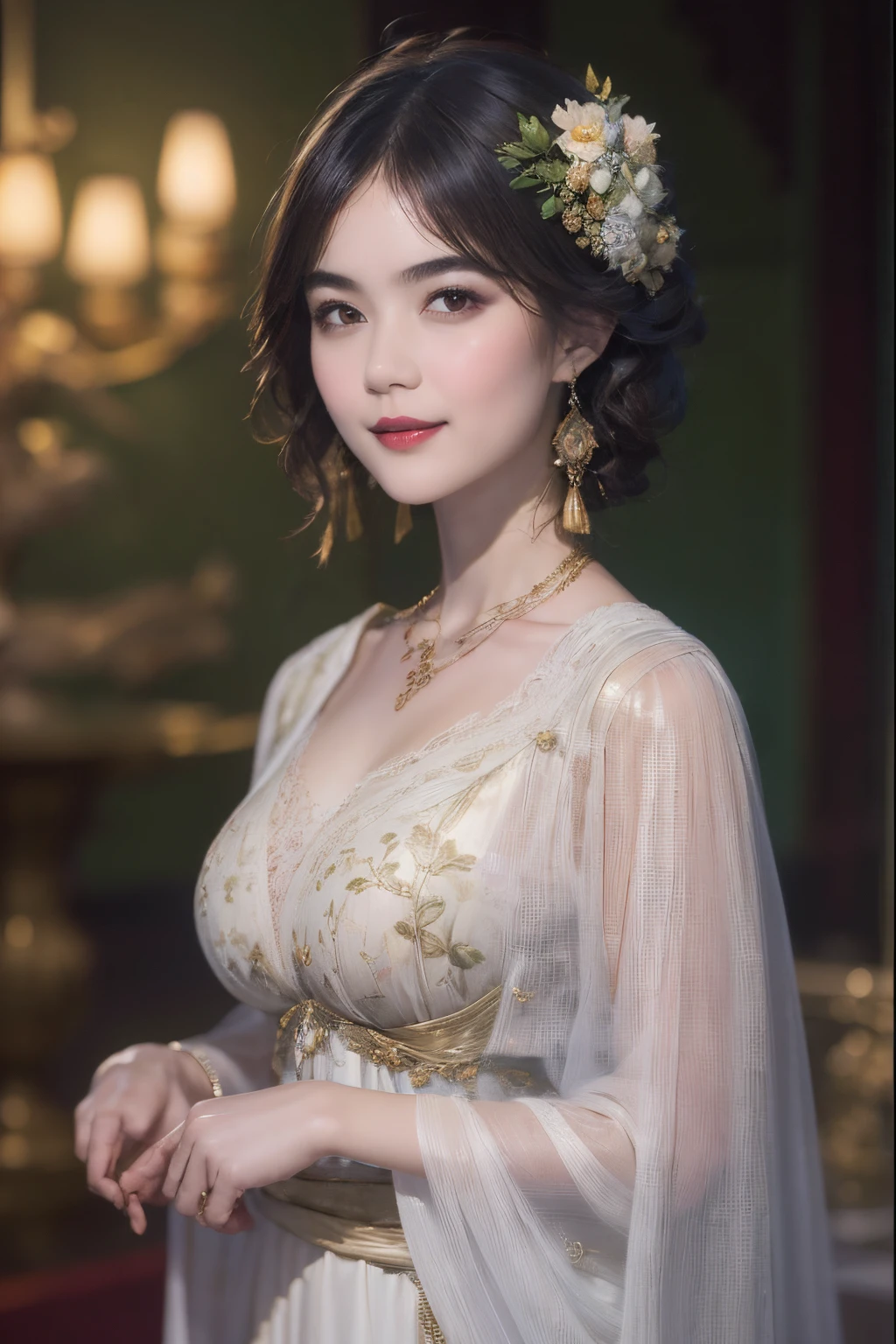 119
(a 20 yo woman,is standing), (A hyper-realistic), (high-level image quality), ((beautiful hairstyle 46)), ((short-hair)), (Gentle smile), (breasted:1.1), (lipsticks), (florals), (Light and Darkness), (rembrandt painting), (Luxurious room), (Depth of field is deep)