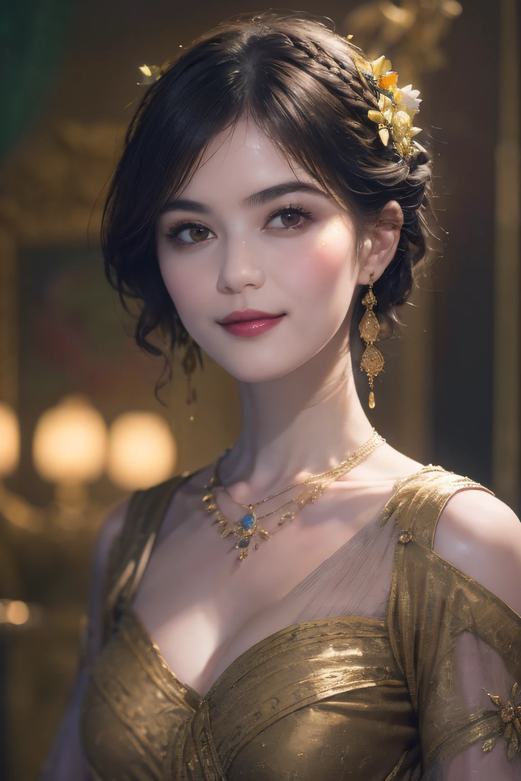 119
(a 20 yo woman,is standing), (A hyper-realistic), (high-level image quality), ((beautiful hairstyle 46)), ((short-hair)), (Gentle smile), (breasted:1.1), (lipsticks), (florals), (Light and Darkness), (rembrandt painting), (Luxurious room), (Depth of field is deep)