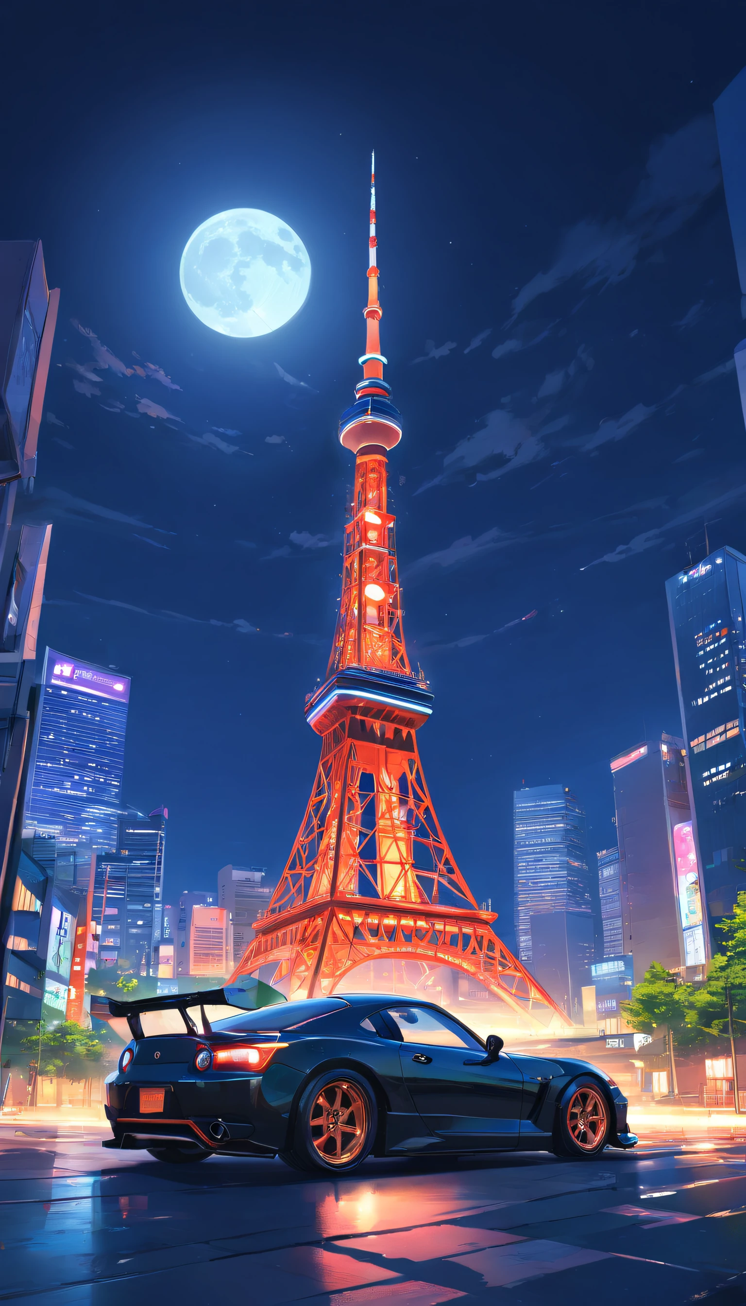 Tokyo, Japan，Tokyo Tower，moon full，natta，racer，Black high-tech sports car front，a high-tech city，buildings，neon，