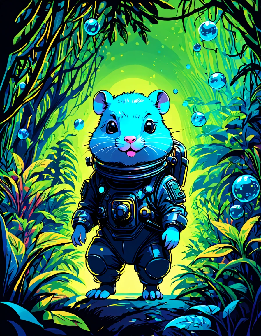 ((((black light poster art)))), design a captivating art piece featuring a cosmic ((hamster adventurer)) in a spacesuit finding himself amidst lush alien jungles, exploring vibrant extraterrestrial environment, surrounded by neon-colored plants, the sense of wonder and curiosity, floating bubbles