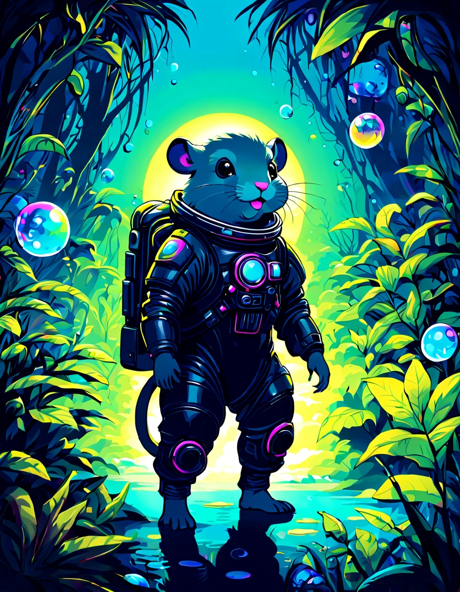 ((((black light poster art)))), design a captivating art piece featuring a cosmic ((hamster adventurer)) in a spacesuit finding himself amidst lush alien jungles, exploring vibrant extraterrestrial environment, surrounded by neon-colored plants, the sense of wonder and curiosity, floating bubbles