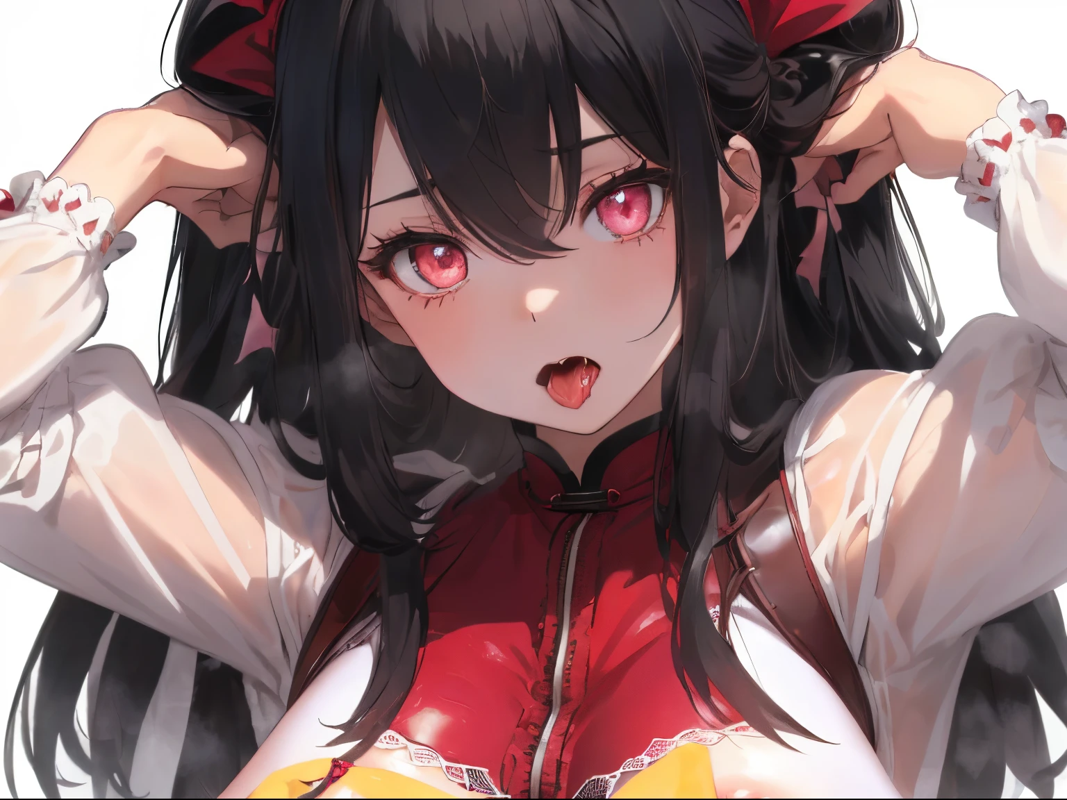 ((Black hair)),((Medium Hair)),((super straight hair)),((pale pink eyes)),(bishop sleeve long sleeve clothing),(White lace vest),(red wide hair band),((black leather long skirt)),((Feeling of fatigue and weakness)),((i'i'reach out to hug you)),Slight red tide,(Open your mouth and try chewing),(Vampires),((tusk)),(Yodare),(Kamimei),(close up of face),((NSFW)),((Cute modest nipples)),