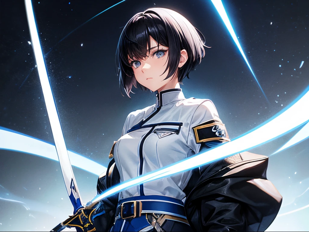 She have a Short hair, dark black hair, black eyes, height 166 cm, weight 52 kg, wears a white uniform and a little blue like a scientist. anime character with a clothes from Sword Art Online inspired, official fanart, made with anime painter studio, official art, made in A-1 Pictures Studio anime style