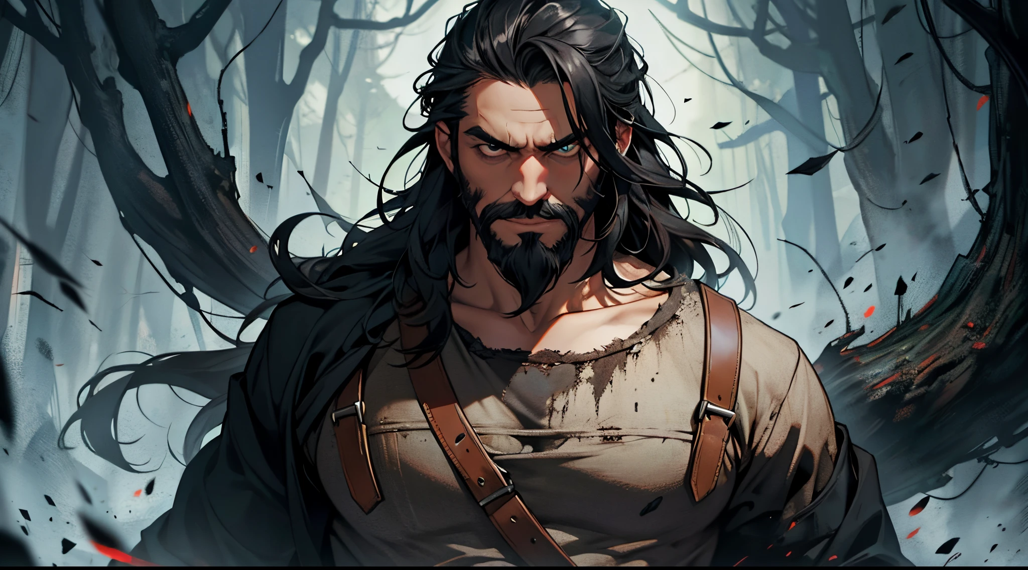 1 Man solo, solo.he has a short black beard and he has black flowing hair. Scary, horror, horror background