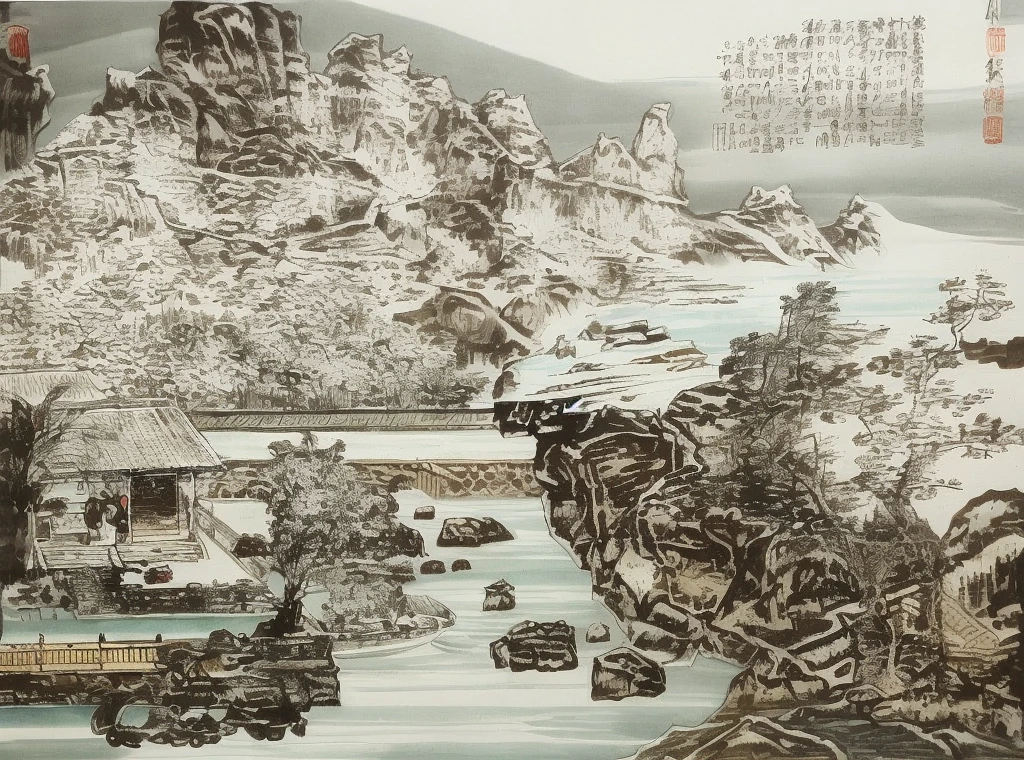 Mountain view with river and village, chinese brush pen illustration, z style art work.show on. to the, Pen illustration, Pen and ink illustration, full page illustration, Detailed view – width 672, The landscape, Chinese landscape, Inspired by::《Qiu Wentianjiang》