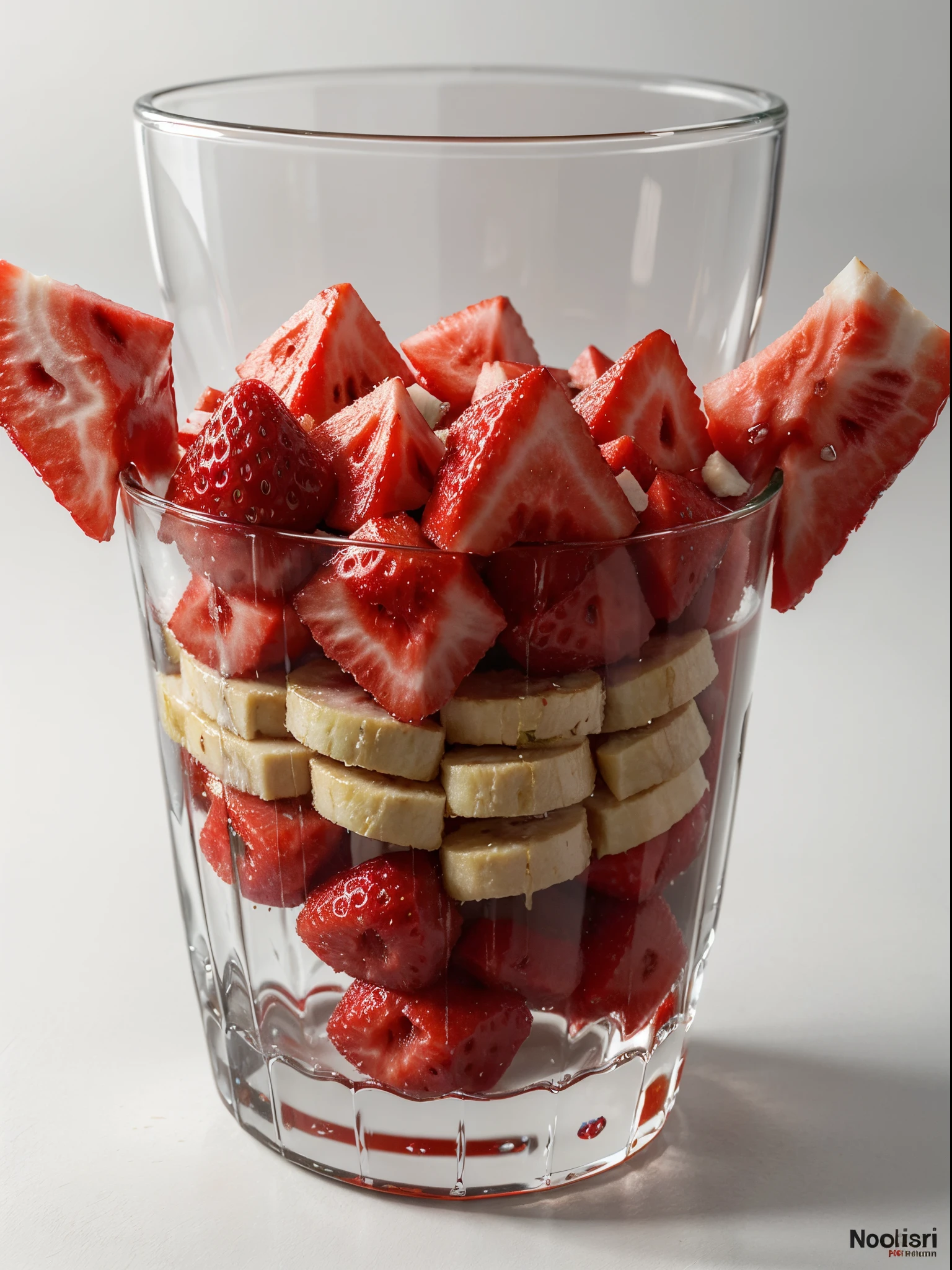 (Best quality,8K,Masterpiece:1.3), NOhumans, Clear glass, There are a lot of watermelon slices, banana slices and strawberries in it, blend, detalhe poderoso, intense detail, on the white background, Clear detail, professional,(Hyper-realistic:1.3)