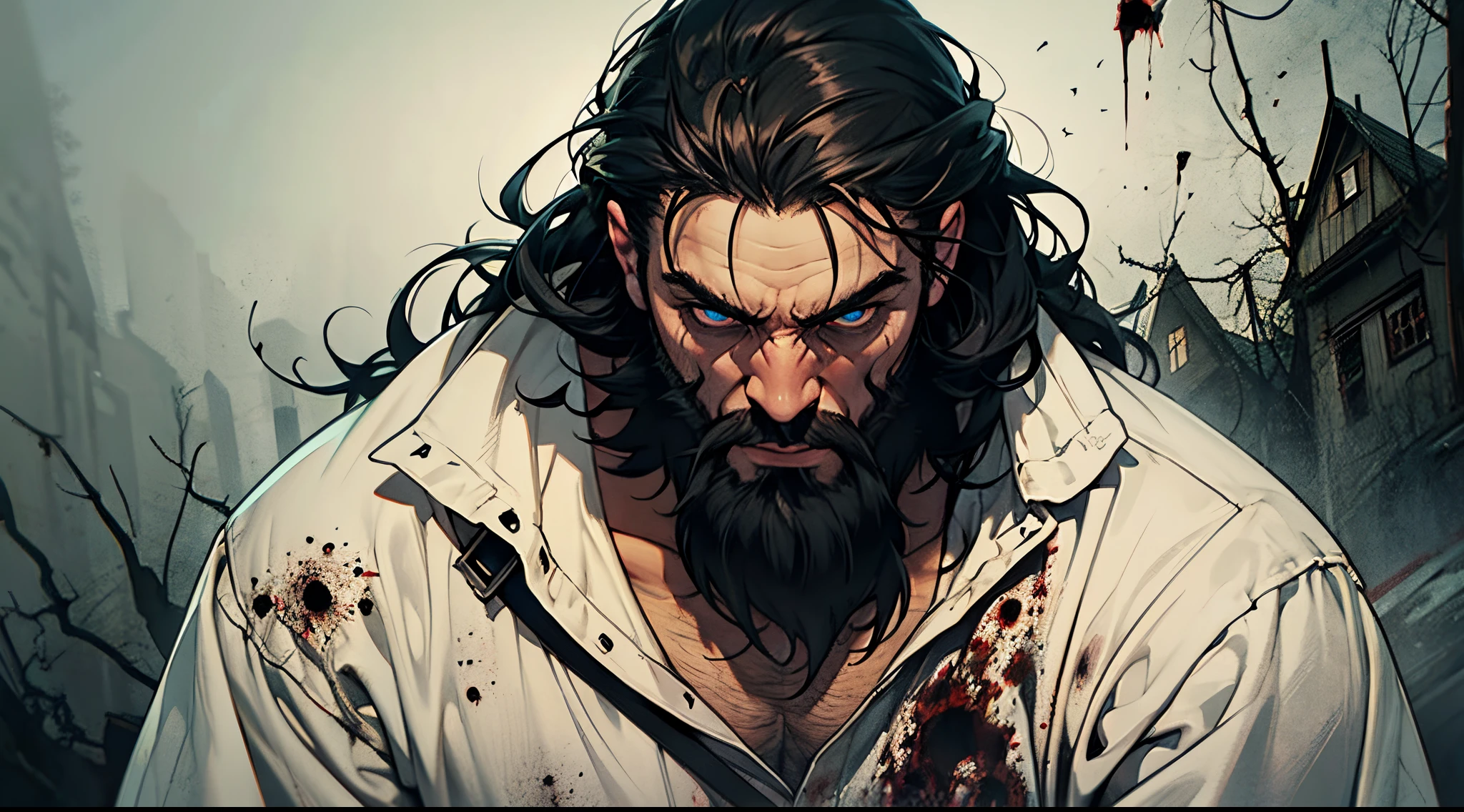 1 Man solo, solo.he has a short black beard and he has black flowing hair. Scary, horror, horror background