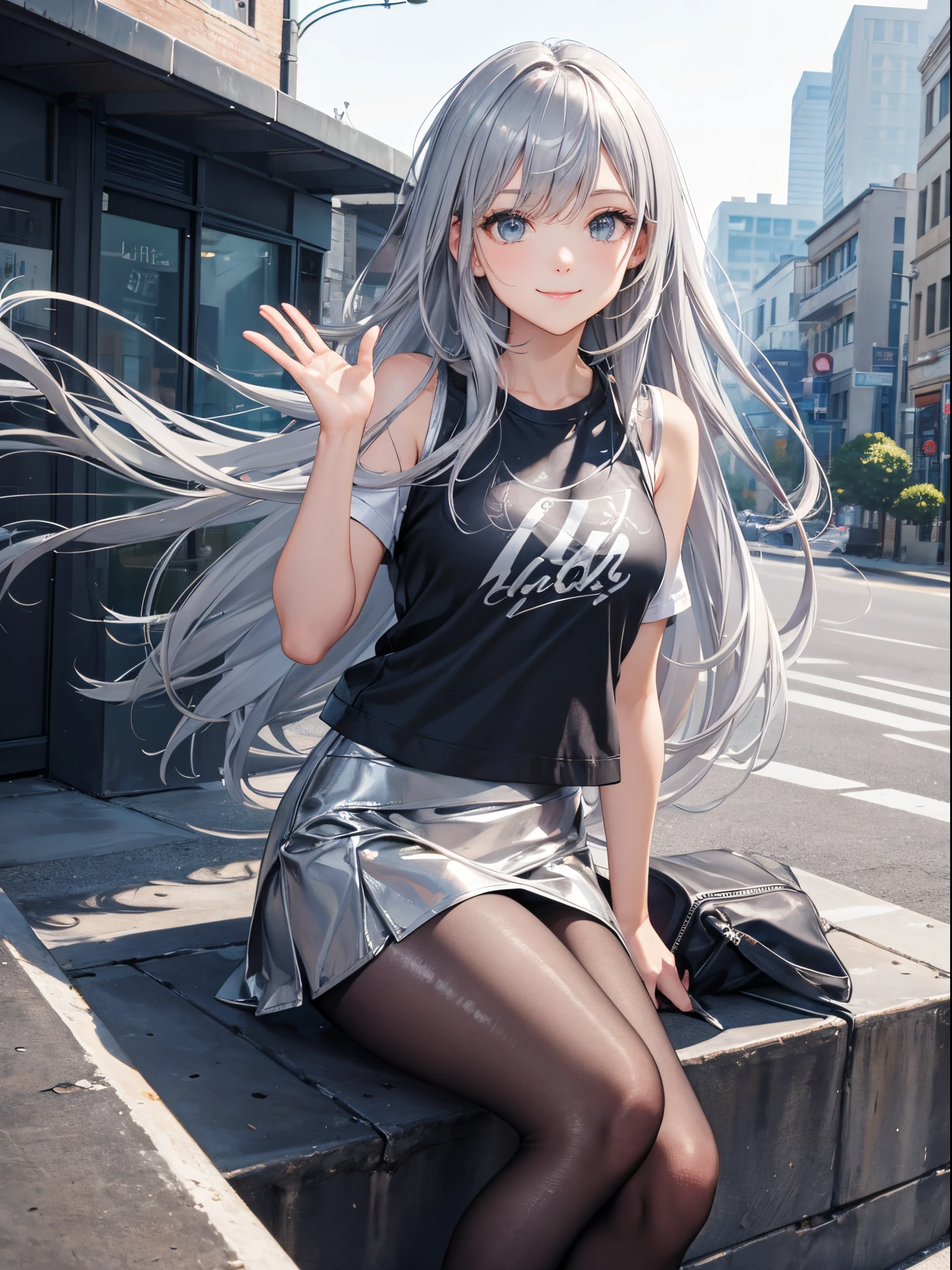 master piece,best quality, Solo woman, cute, sitting, silver color leather jacket, T-shirt, silver color tight skirt, shy smile, silver color hair, long hair, waving in a strong wind hair, silver color buckground