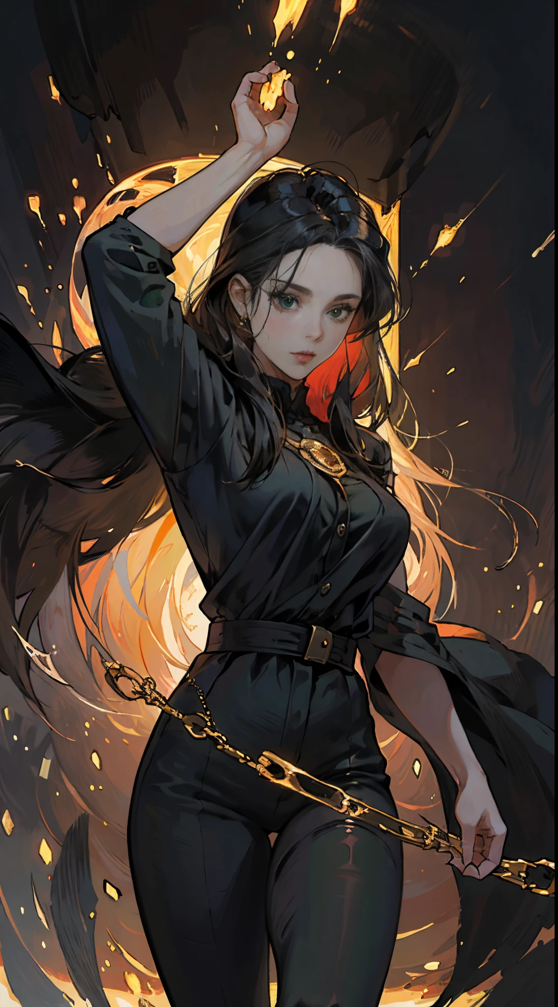 15 year old girl，solid color backdrop，character  design，Conceptual role. black hair color hair, bronze skin, Green-eyed, Elegant black clothes, golden breasts, and red gold jewelry.