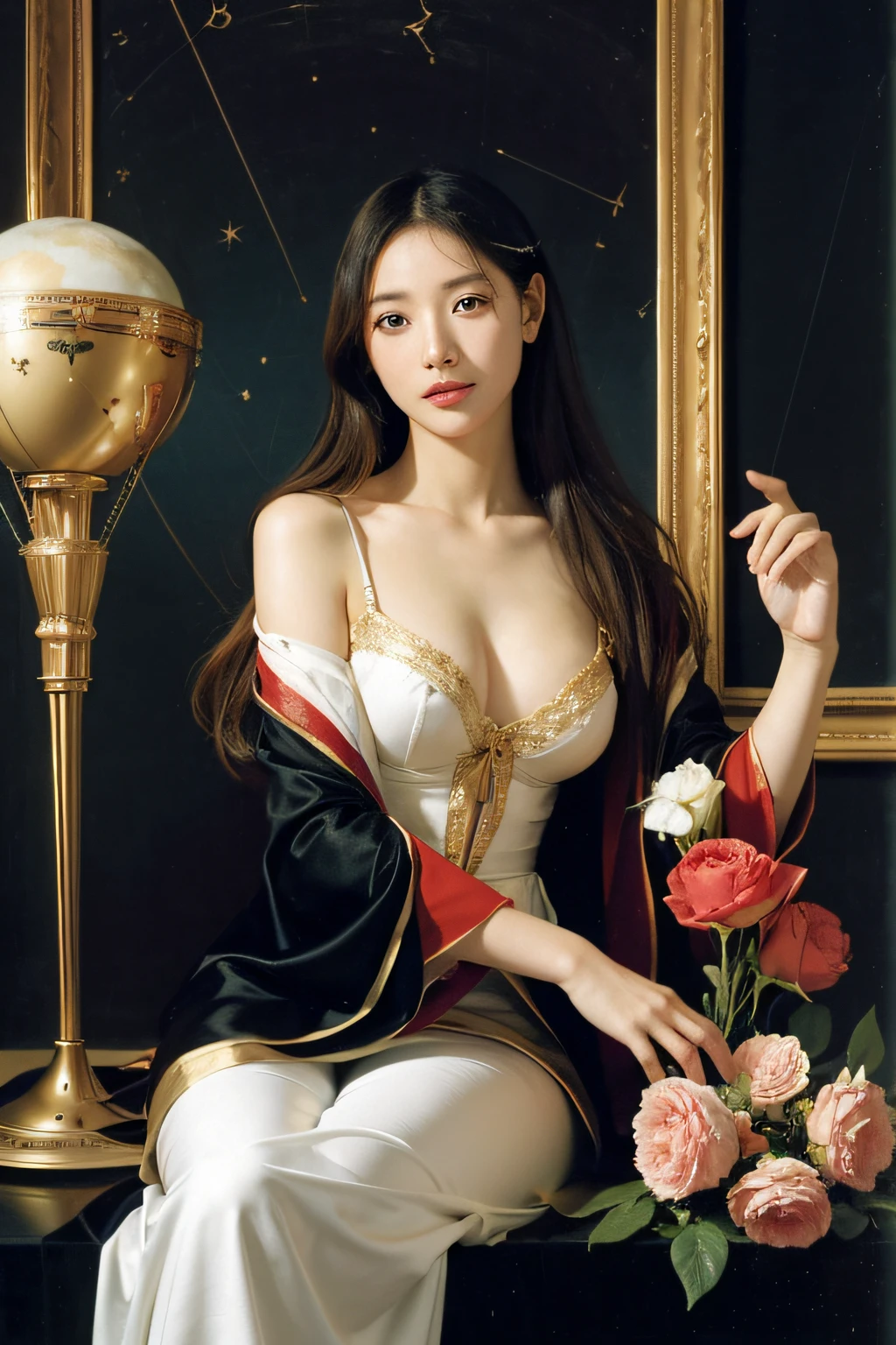 Geometry,astronault,quantum mechanics,Math,Astronomical machinery,astronault.Roses in a vase.fruits,Colossal tits,A smile.Ancient Greek costumes,Paintings by Sandro Botticelli。Costume with stretched shoulders,huge smile,Chiaroscuro of Caravaggio,Cute smile, Expression of ecstasy,A sexy